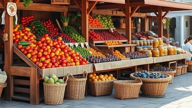 Stalls piled with fresh seasonal fruit and vegetables at an outdoor market