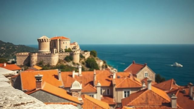 Stone fortress on a hill overlooking the sea and red rooftops