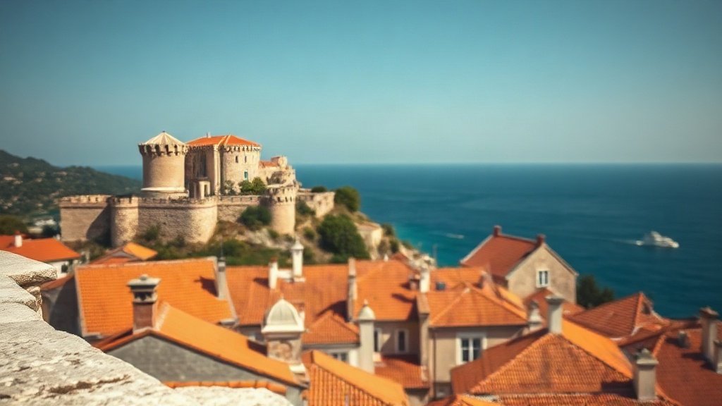 Stone fortress on a hill overlooking the sea and red rooftops