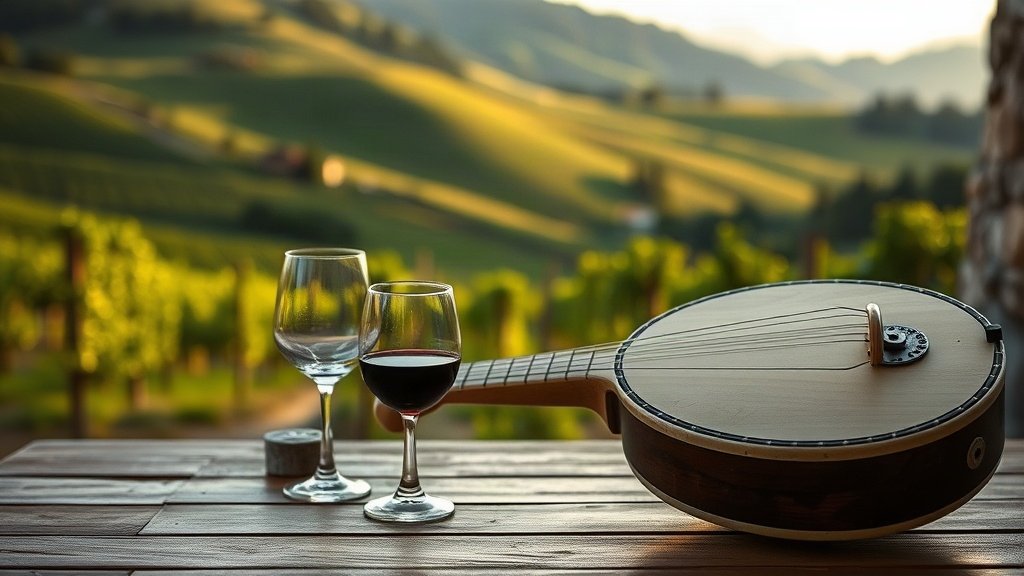 A traditional tamburica rests on a wooden table with a view of Međimurje's green hills