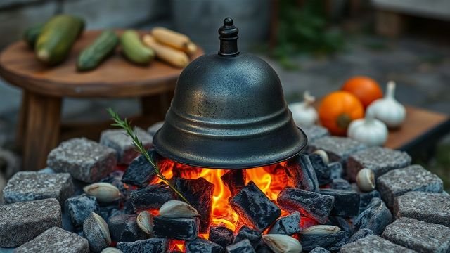 Traditional Croatian peka dish with meat and vegetables under a metal bell dome, surrounded by hot embers