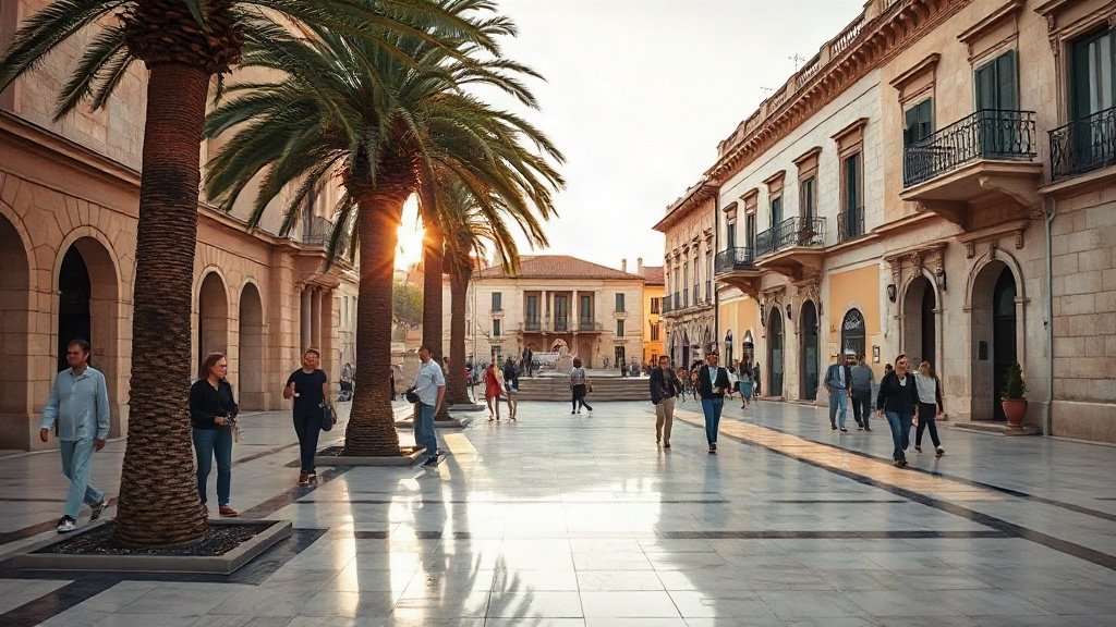 People strolling on a sunny Mediterranean promenade