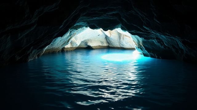 Sunlight shining through the entrance of the Blue Cave on Biševo Island, illuminating the water with a brilliant blue glow