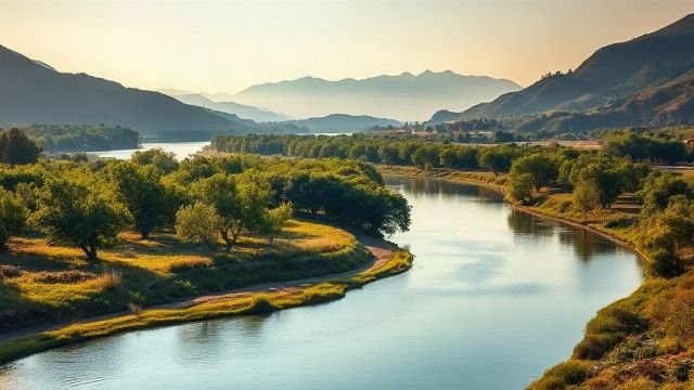 Scenic view of the Neretva River winding through lush green fields and tangerine orchards.