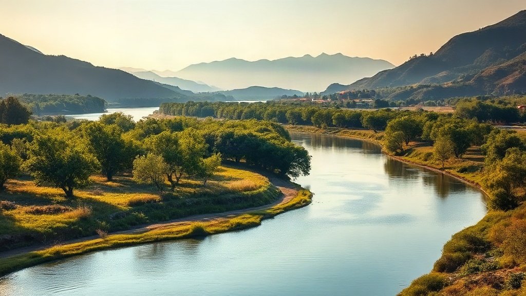 Scenic view of the Neretva River winding through lush green fields and tangerine orchards.