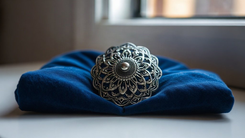 A close-up of a traditional Šibenik button made of silver filigree