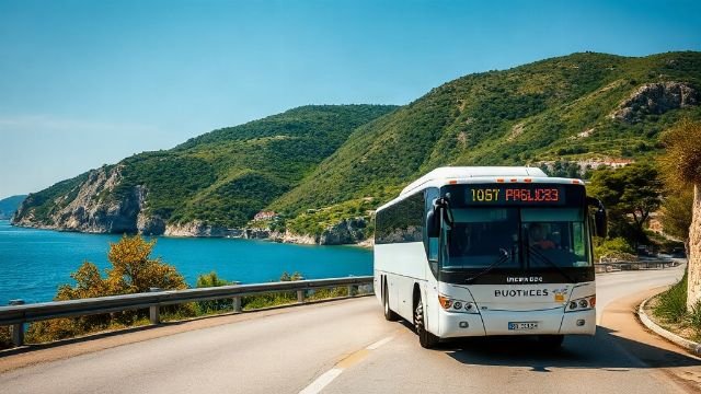 A modern intercity bus on a scenic Croatian coastal road