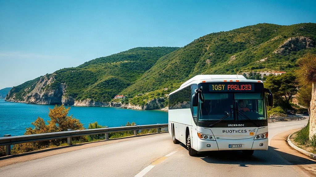 A modern intercity bus on a scenic Croatian coastal road
