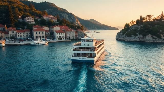 A passenger ferry approaching a small Adriatic island harbour at golden hour