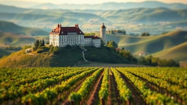 A hilltop castle surrounded by green vineyard-covered hills in Hrvatsko Zagorje, Croatia.