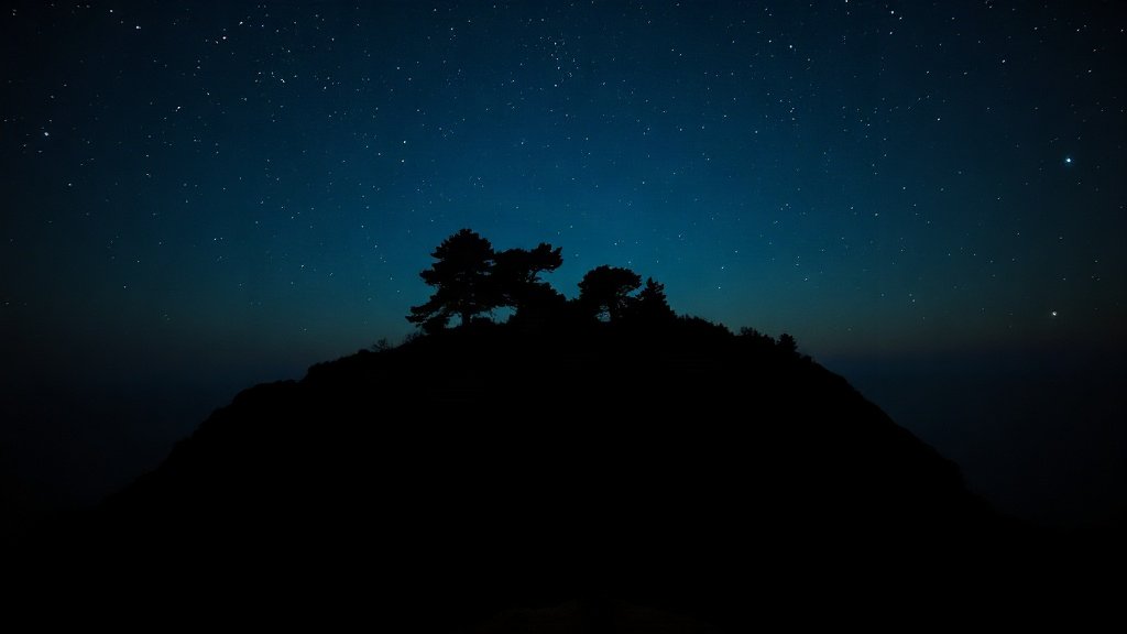 Night sky over a dark island with silhouetted pine trees and a calm sea