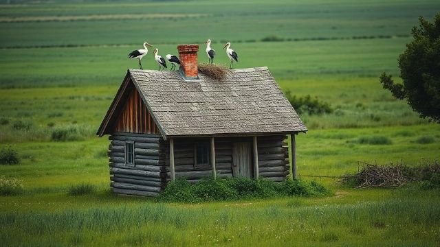 White storks nesting on the roof of a traditional wooden house in Lonjsko Polje