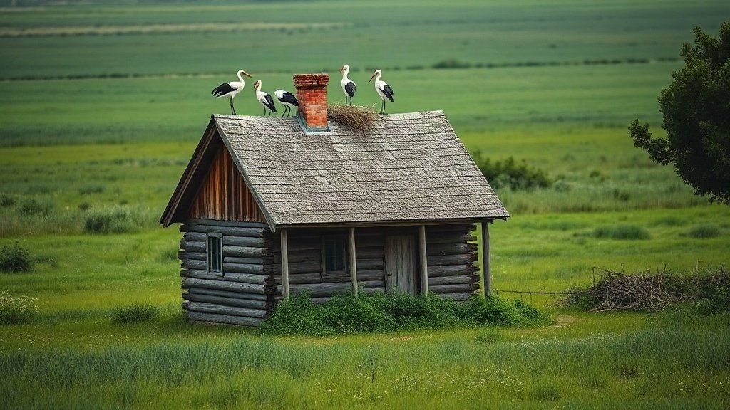 White storks nesting on the roof of a traditional wooden house in Lonjsko Polje