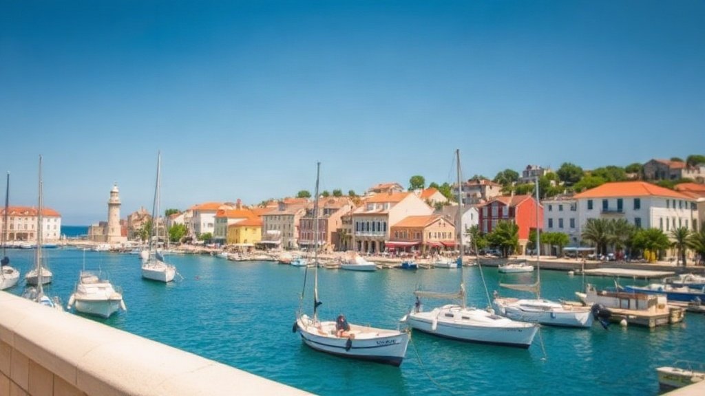 Colourful houses along the harbour of Mali Lošinj with boats in the water