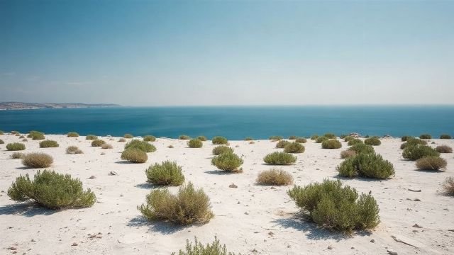 Barren rocky moonscape of Pag island with turquoise sea in the background.