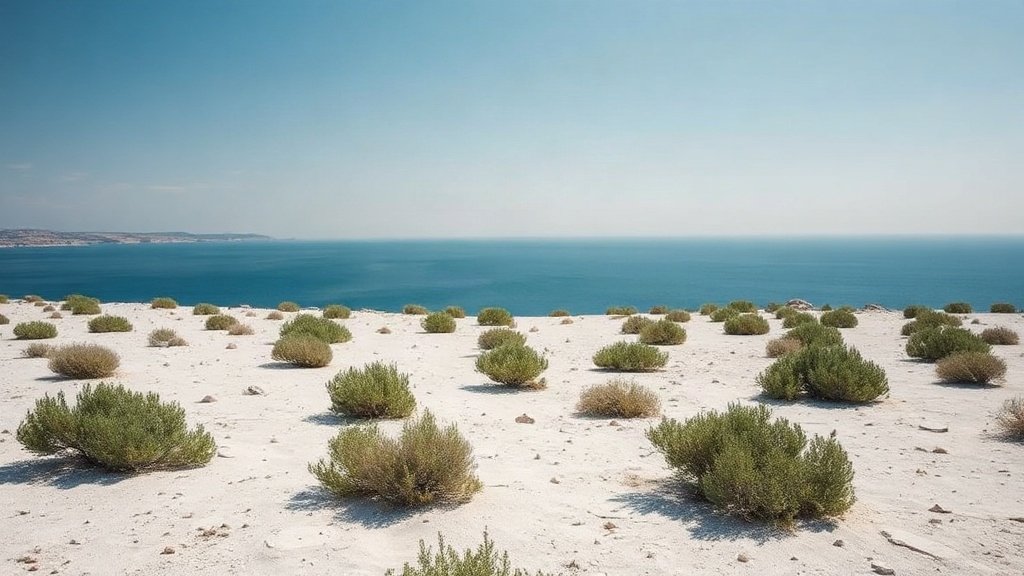 Barren rocky moonscape of Pag island with turquoise sea in the background.