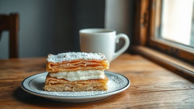 A slice of Samobor kremšnita on a plate