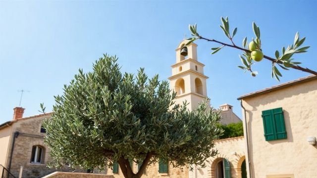 A stone village on the island of Cres with a church tower and olive trees
