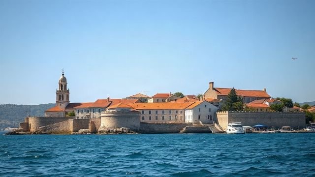 View of the medieval town of Korcula with stone buildings and the sea