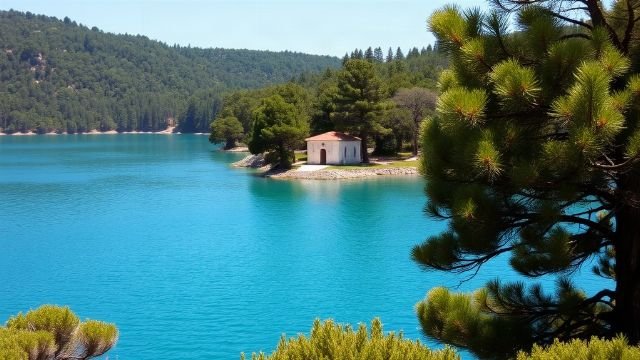 View of a saltwater lake on Mljet island with a small monastery on an islet
