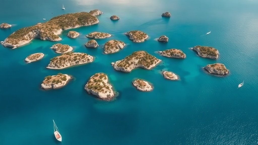 Aerial view of the Kornati islands with white limestone cliffs and turquoise sea