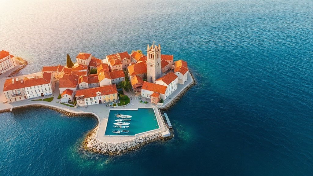 Aerial view of Trogir's historic island town with red rooftops, stone buildings and the sea on both sides