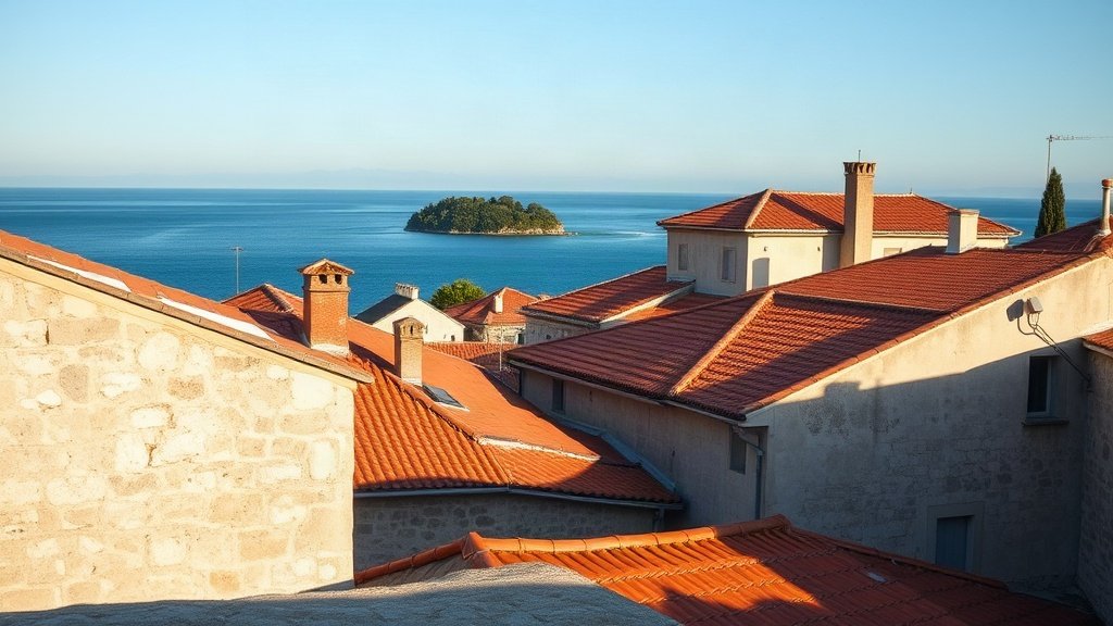 Stone city walls overlooking terracotta rooftops and the Adriatic Sea