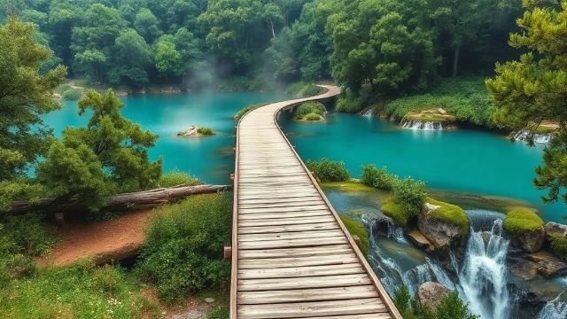 Wooden boardwalk crossing turquoise lakes and waterfalls in a green forest