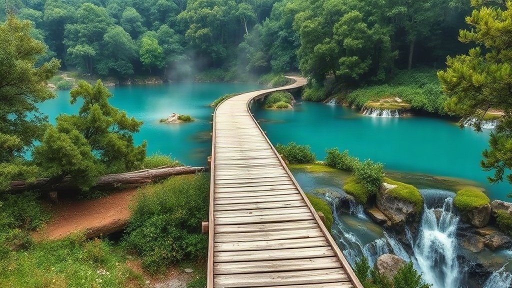 Wooden boardwalk crossing turquoise lakes and waterfalls in a green forest