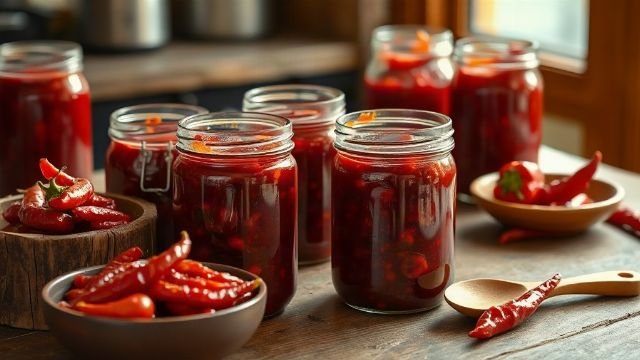 Jars of homemade ajvar surrounded by roasted red peppers