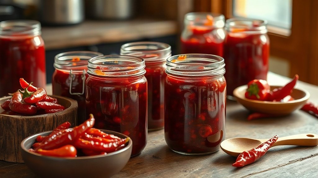 Jars of homemade ajvar surrounded by roasted red peppers