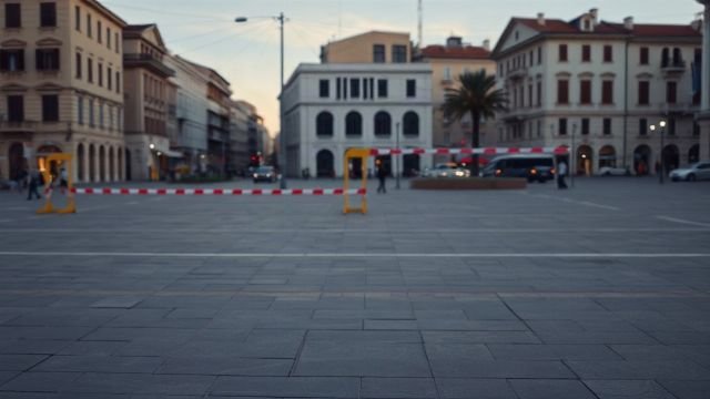 An empty city square in Tirana with police barriers.