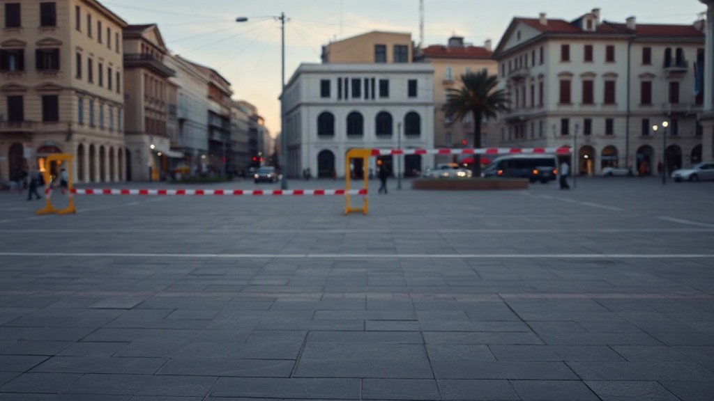 An empty city square in Tirana with police barriers.