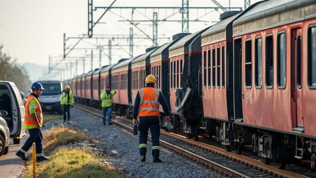 Emergency responders work near wrecked high-speed train carriages on a railway line