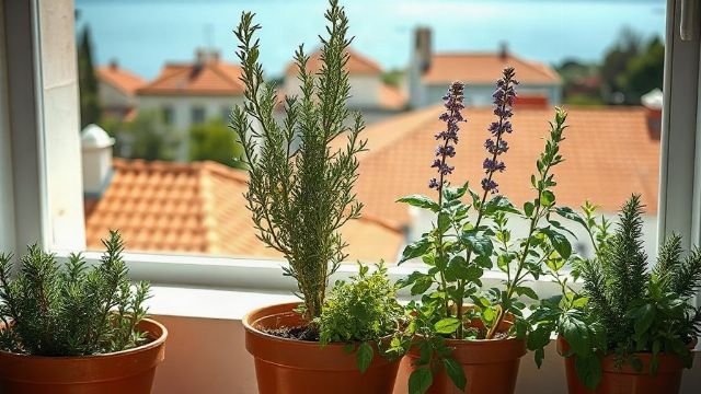 Potted herbs on a sunny balcony with sea view