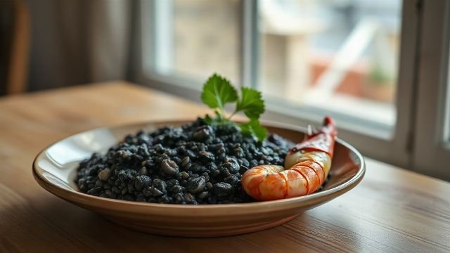 Plate of black risotto with squid ink and seafood