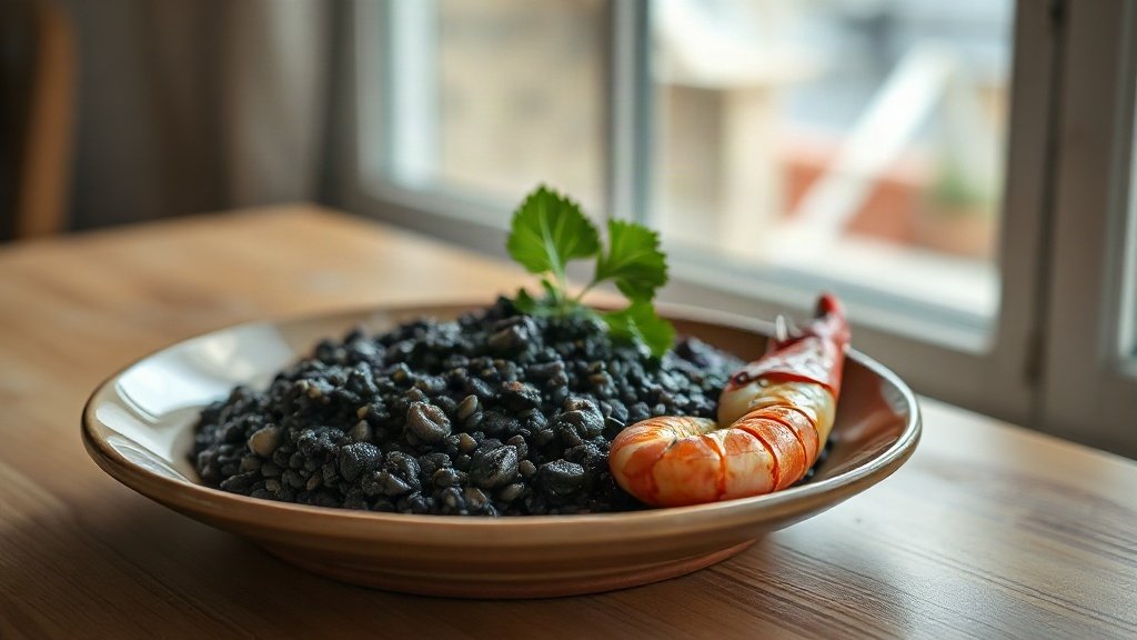 Plate of black risotto with squid ink and seafood