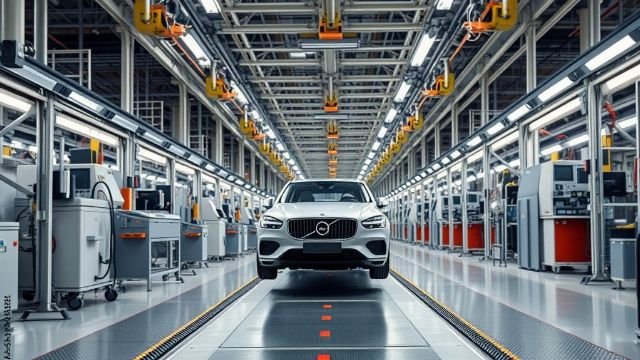 Automated vehicle moving a car body inside a modern factory