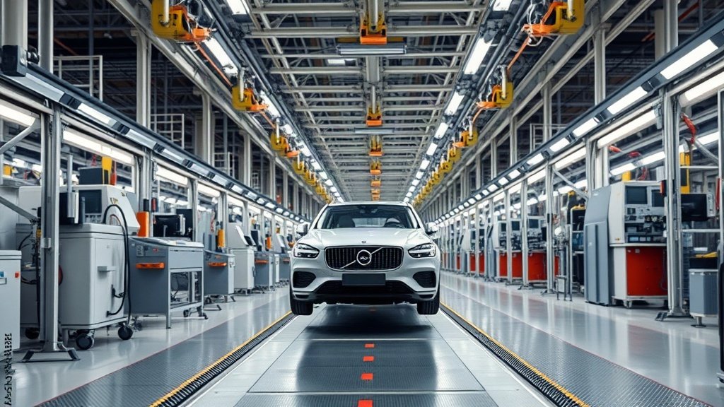 Automated vehicle moving a car body inside a modern factory
