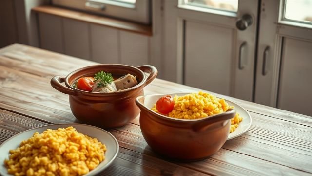 A rustic pot of fish stew served with polenta on a wooden table