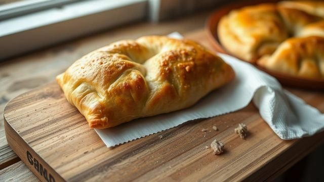 A close-up of a golden baked burek pastry with flaky layers and a spiral shape
