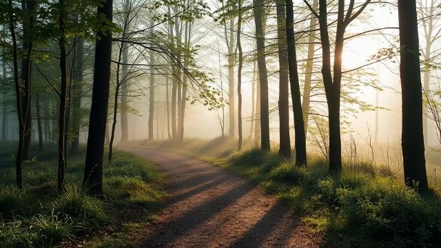 A quiet forest path in soft morning light