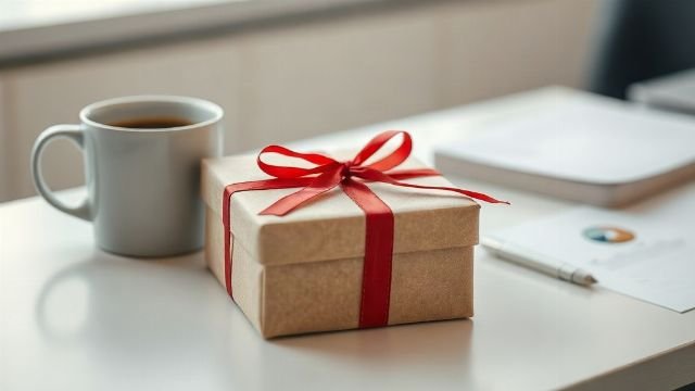 A neatly wrapped gift box on a desk in an office setting, with a cup of coffee nearby, symbolizing business gift-giving in Croatia.
