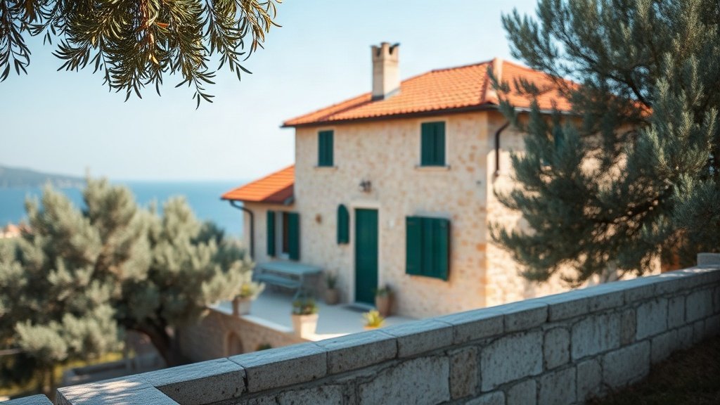 A traditional stone house with a red roof in a Croatian coastal town