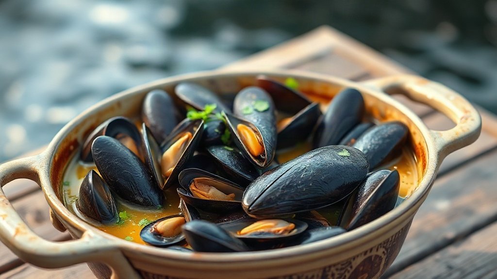 Mussels buzara in a pan with garlic and parsley