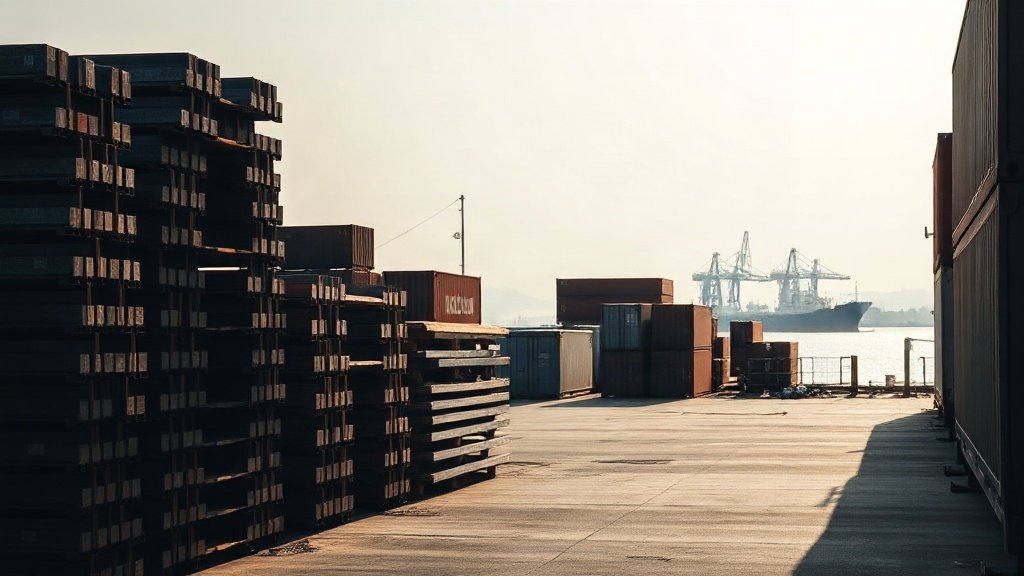 Stacks of steel beams and shipping containers at an industrial port