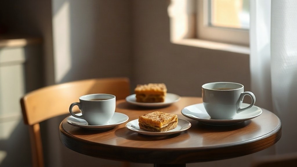 A table set with coffee cups and a homemade cake for a Croatian name day celebration.