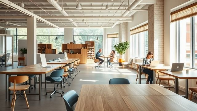 Modern coworking space with desks and people working