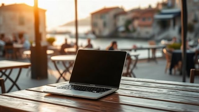 Laptop on a table at a café overlooking the Adriatic Sea in Croatia.