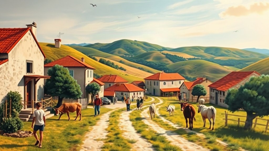 Colourful naive art painting depicting rural life in Croatia